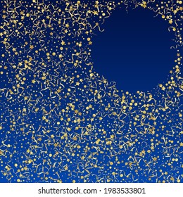Golden Serpentine Falling Vector Blue Background. Shiny Ribbon Poster. Streamer Celebrate Illustration. Gold Celebration Branch.