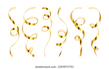 Golden serpentine festive ribbon collection. Celebration decoration, designed confetti, creative spiral gift cover. Abstract element isolated on white background. Vector illustration