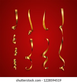 Golden serpentine pieces isolated on red background. Vector golden serpentine set