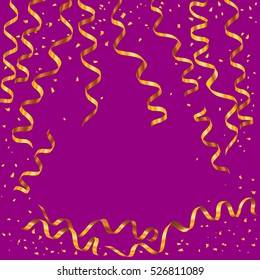 Golden serpentine ribbons with golden dust on violet  background. new year or valentine's day greeting card. vector illustration. good for your design
