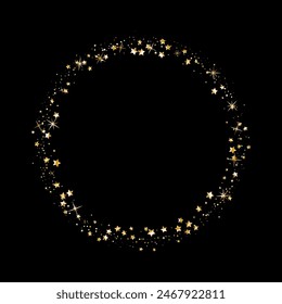 Golden serpentine ribbons frame. Confetti round banner. Luxury decoration for anniversary, Christmas and New Year card. Fun explosion for sale design, wedding invitation. Vector illustration EPS10.