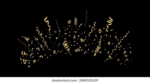 Golden serpentine ribbons frame. Confetti round banner. Luxury decoration for anniversary, Christmas and New Year card. Fun explosion for sale design, wedding invitation. Vector illustration EPS10.