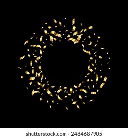 Golden serpentine ribbons frame. Confetti round banner. Luxury decoration for anniversary, Christmas and New Year card. Fun explosion for sale design, wedding invitation. Vector illustration EPS10.