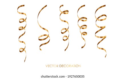 Golden serpentine ribbons set decoration isolated on white background. Decoration for banner, card, birthday, holiday, christmas, party, new year, carnival, wedding. Vector illustration. 