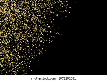 Golden Serpentine Shiny Vector Black Background. Christmas Confetti Poster. Streamer Anniversary Branch. Gold Happy Illustration.