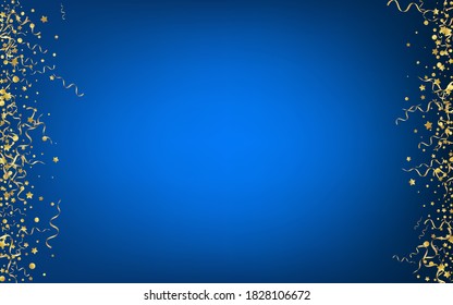 Fondo Azul del Vector Brillante Serpentino Dorado. Rama de cinta volante. Plantilla de Confetti Happy. Diseño navideño amarillo.