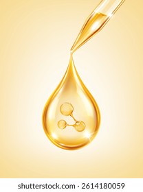 Golden serum drop with molecule inside falling from pipette. Skincare concept. Vector illustration