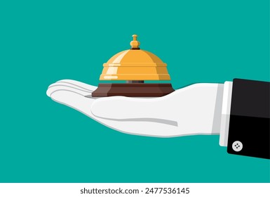 Golden service bell in hand. Help, alarm and support concept. Hotel, hospital, reception, lobby and concierge. Vector illustration in flat style