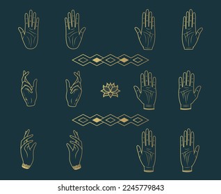 Golden set of 12 palmistry hands. Hand drawn vector illustration  isolated on black background. 