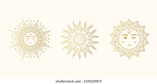 Golden set of 3 celestial sun images. Mystical design  elements for esoteric, tarot cards, stickers and witchcraft. Hand drawn vector illustration isolated on white background.