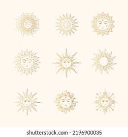 Golden set of 9 celestial sun images. Mystical design  elements for esoteric, tarot cards, stickers and witchcraft. Vector bohemian collection of illustrations isolated on white background.