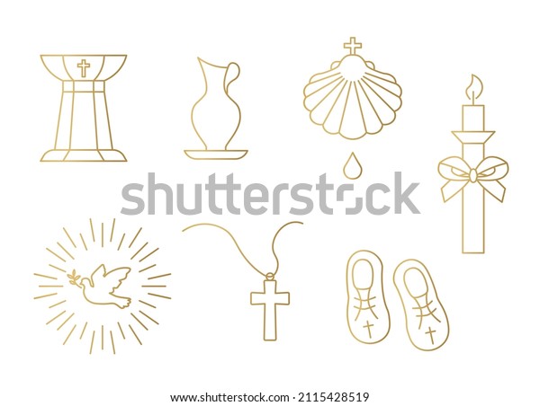 golden set of baptism related icons: font,\
pitcher, shell, candle, holy spirit, chain with cross and baby\
booties - vector\
illustration