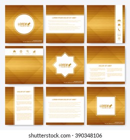Golden set of brochure. Square brochure template . Business, science, medicine and technology design . Cover layout . Gold card. Background with gold triangles.