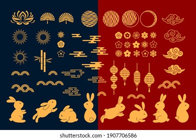 golden set of chinese elements for mid autumn holiday cute hares, clouds, flowers, chinese lanterns, moon. vector illustration isolated on blue and red background