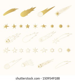 Golden set of comets, falling stars and meteors. Gold shooting rocks and space sparkles.