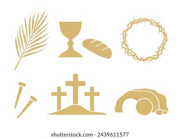 golden set of Easter and Holy Week related icons: palm leaf, holy communion chalice,  crown of thorns, nails, mount Calvary, Jesus tomb - vector illustration