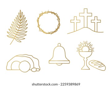 golden set of Easter related icons: palm leaf, crown of thorns, mount Calvary, Jesus tomb, bell, holy communion chalice and bread icon- vector illustration