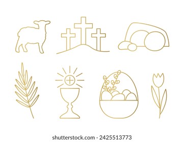 golden set of Easter related icons: lamb, palm leaf, mount Calvary, Jesus tomb, bell, holy communion chalice, basket with eggs and pussy willow twigs, tulip flower- vector illustration