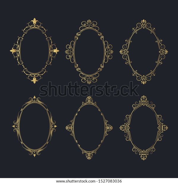 Golden set of hand drawn vintage vignette oval\
frames. Elegant ornate wedding gold round borders. Vector isolated\
filigree invitation\
card.