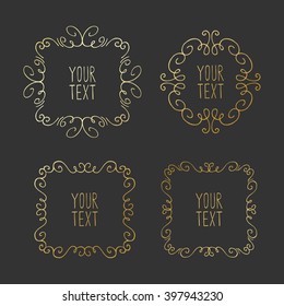 Golden set of handdrawn decorative frames on dark background. Unique design elements for greeting card, invitation, save the date card, wedding card.