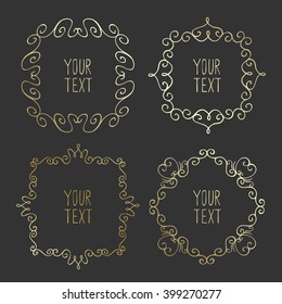 Golden set of handdrawn decorative frames on dark background. Unique flourish design elements for greeting card, invitation, save the date card, wedding card.