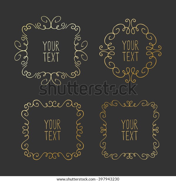 Golden set of handdrawn decorative frames
on dark background. Unique design elements for greeting card,
invitation, save the date card, wedding
card.