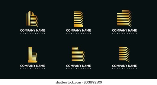 golden set minimalist building logo inspiration with concept line art.