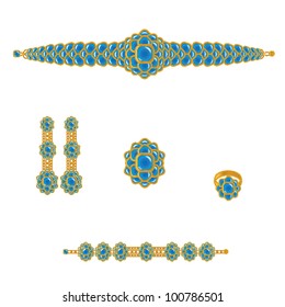 golden set from necklace ring earrings brooch and bracelet with blue stones on white background