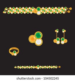 golden set from necklace ring earrings brooch and bracelet with orange green and white stones on black background