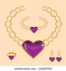 golden set from necklace ring earrings and bracelet with hearts from violet stone on light background