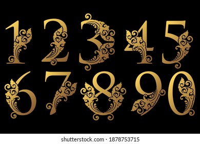 Golden Set Number  Ornate Decoration Elegance Swirl Ornament Luxury Style  Vector  Design