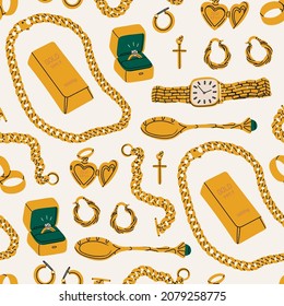 Golden set. Precious jewelry concept. Gold bar, earrings, heart shaped locket, engagement ring, wrist watch, golden chain, bracelet, cross, spoon. Hand drawn Vector seamless Pattern