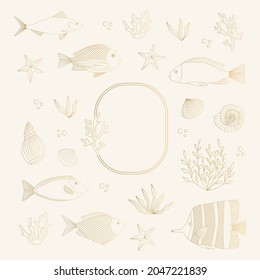 Golden set with sea design elements. Gold fish, algae, frame, border, shell. Vector isolated illustration.