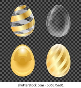 Golden set striped, glossy and transparent eggs. Vector illustration for Easter
