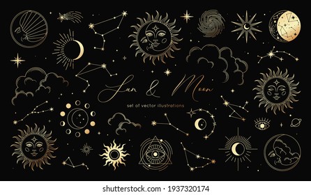 Golden set of sun, moon, stars, clouds, constellations and esoteric symbols. Alchemy mystical magic elements for prints, posters, illustrations and patterns. Spiritual occultism objects.