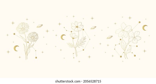Golden set of three celestial birth month flowers. Vector isolated background with spiritual plants, moon and stars for wedding invitations and  greeting cards.