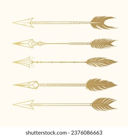 Golden set of tribal arrows in boho style. Vector design elements can be used for printing on t-shirts, covers and web design.