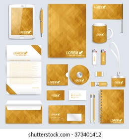 Golden set of vector corporate identity template. Modern business stationery mock-up. Background with gold triangles. Branding design