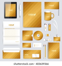Golden set of vector corporate identity template. Modern business stationery mock-up. Background with gold triangles. Gold lines background. Branding design.