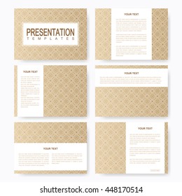 Golden set of vector templates for multipurpose presentation slides. Brochure, Leaflet, flyer, cover, magazine or annual report. Abstract presentation with islamic style. Gold background