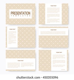 Golden set of vector templates for multipurpose presentation slides. Brochure, Leaflet, flyer, cover, magazine or annual report. Abstract pattern in Arabian style. Gold background