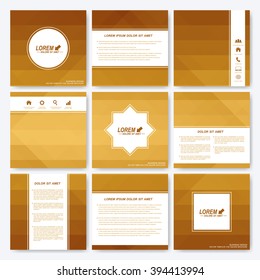 Golden  set vector templates for square brochure, cover layout, magazine or report.  Business, science, medicine and technology design. Background with gold triangles.