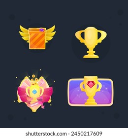 Golden Set Of Winner Award Badges With Cup Isolated Vector Design