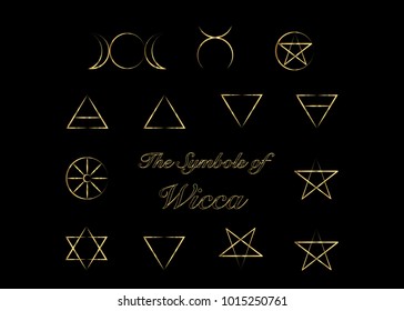 Golden Set of Witches runes, wiccan divination symbols. Ancient occult symbols, isolated on black. Vector illustration.