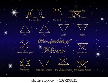 Golden Set of Witches runes, wiccan divination symbols. Ancient occult gold symbols, isolated on stars dark night sky background. Vector illustration.