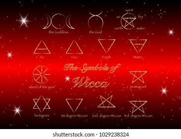 Golden Set of Witches runes, wiccan divination symbols. Ancient occult gold symbols, isolated on stars dark night sky background. Vector illustration.