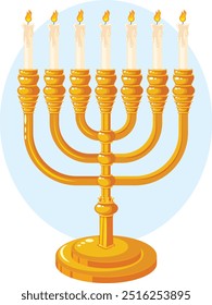 Golden Seven Branched Candelabrum with Lit Candles - Temple Menorah Vector Art 