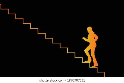 The golden shadow of a woman steps up the stairs with a black background.