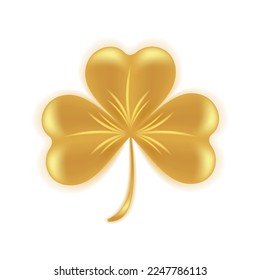 Golden shamrock clover 3d isolated on white background. Clover leaf, symbol of St. Patrick's Day. Vector illustration.