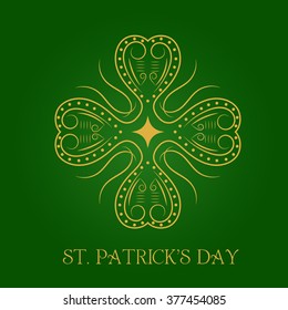 Golden Shamrock. Patrick day symbol on the green background. Vector illustration